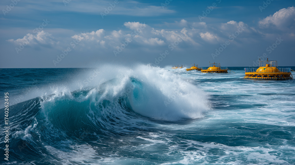 Naklejka premium Ocean wave energy generation harnesses the motion and height of waves, converting their kinetic and potential energy into renewable electricity efficiently.