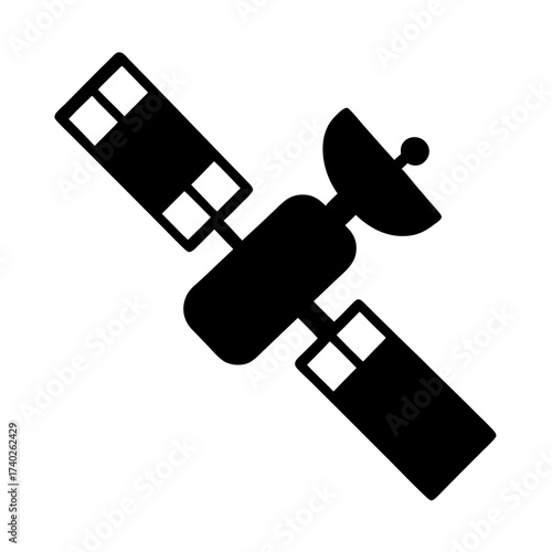 Stylized vector illustration of a satellite orbiting in space with solar panels