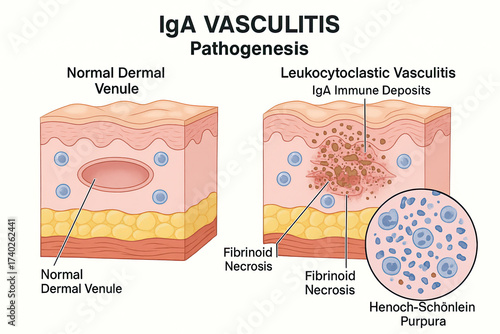 IgA Vasculitis Pathogenesis: Comparison of Normal Dermal Venule and Leukocytoclastic Vasculitis with IgA Immune Deposits, Henoch-Schönlein Purpura