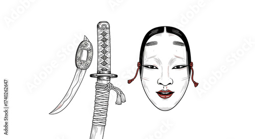 Traditional Japanese Symbols: Noh Mask and Katana Sword on White