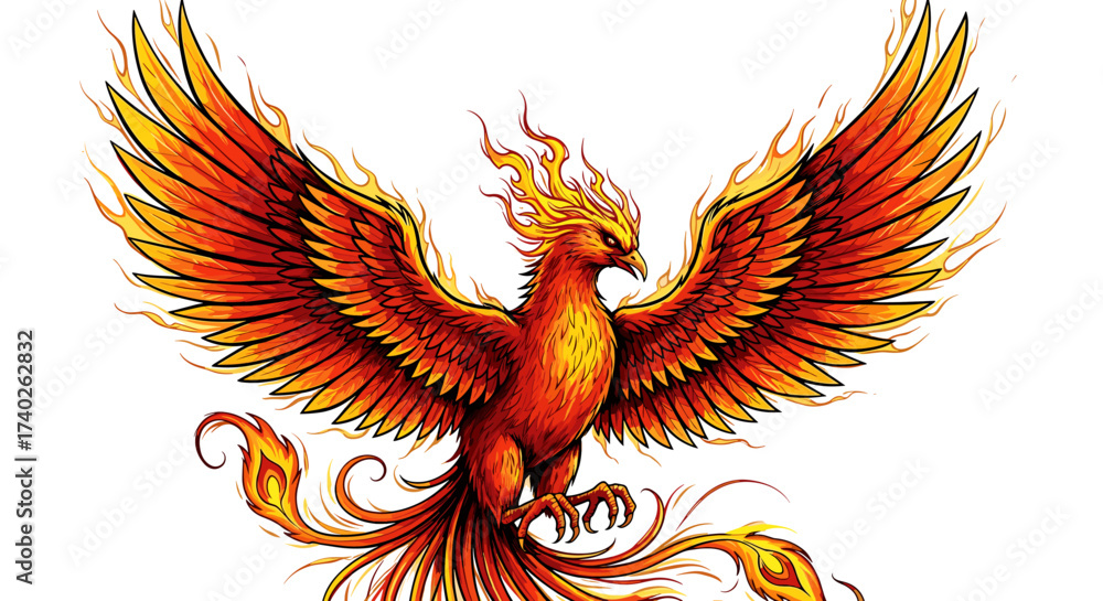 Obraz premium Majestic Phoenix Rising with Fiery Wings on a Clean Background