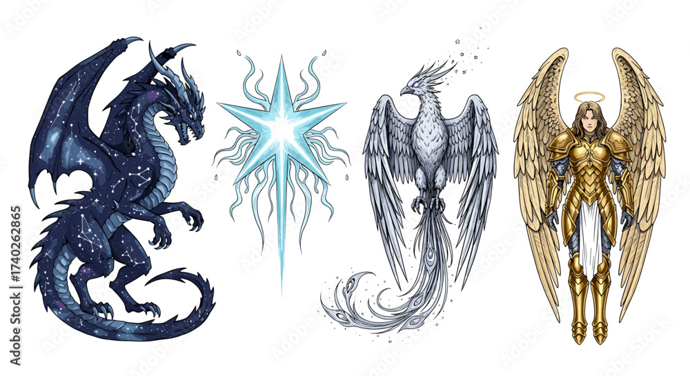 Mythical Creatures Ensemble: Dragon, Star, Phoenix, and Angel Illustration