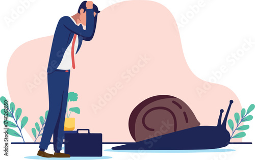 Slow business and career - Sad bored businessman person standing still with snail feeling lack or no progress in life and company. Unsatisfied and unfulfilled concept in flat design vector graphic