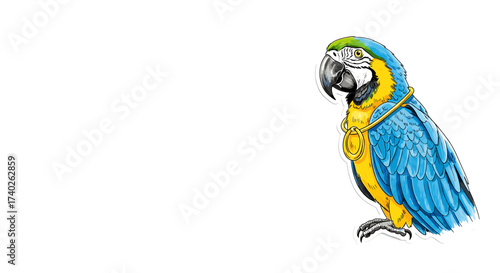 Elegant Blue and Gold Macaw Illustration on Clean White Background