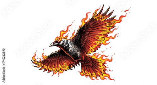 Fiery Raven Soaring: A Symbol of Power and Transformation Artwork