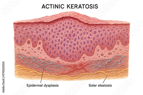 Actinic Keratosis Skin Layer Illustration with Epidermal Dysplasia and Solar Elastosis Labels