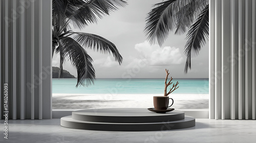 Tropical beach oasis display with palm trees and ocean view