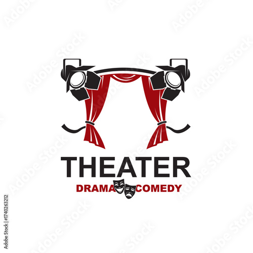 icon of comedy and tragedy theatrical masks with curtains isolated on white background