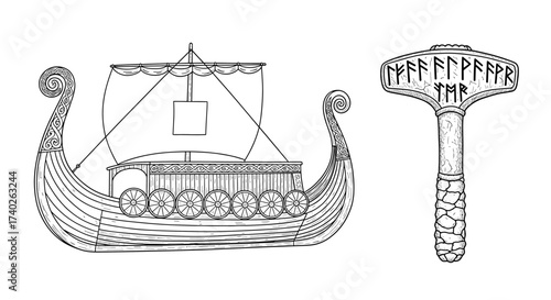 Intricate Viking Ship and Mjolnir Drawing, Illustrating Norse Mythology