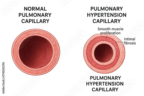Diagram comparing a normal pulmonary capillary cross-section with a pulmonary hypertension capillary cross-section, highlighting smooth muscle proliferation and intimal fibrosis in the latter.