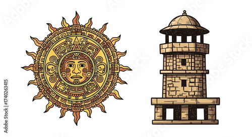 Ancient Civilization: Mayan Sun Stone and Temple Tower Illustration