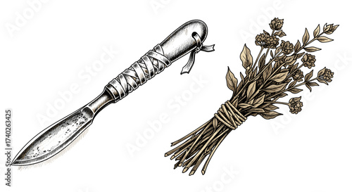 Vintage aesthetic: Decorative knife alongside dried flower arrangement on white background.