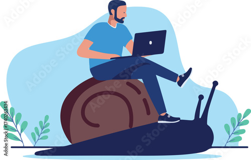 Working slow - Man person with laptop computer doing boring work slowly and not moving forward in project, feeling lack of or no progress, almost standing still. Flat design vector illustration