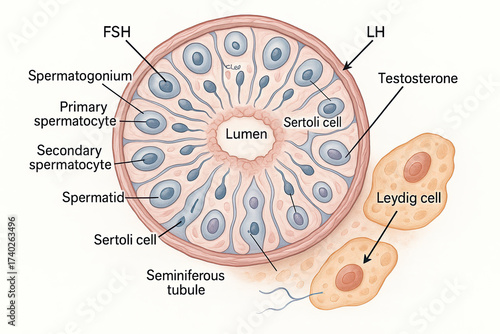 Anatomical illustration of a testis cross-section, detailing the seminiferous tubules, germ cells, Sertoli cells, Leydig cells, hormones FSH, LH, and testosterone.