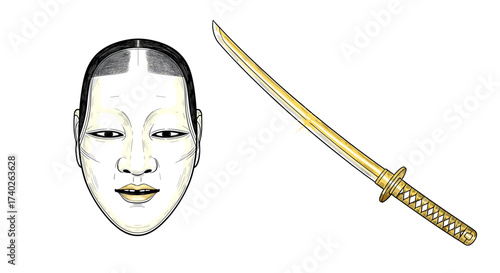 Japanese Noh mask with golden katana artwork against plain background.