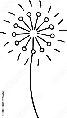 Vector art of a minimalist black and white line drawing of a dandelion seed head