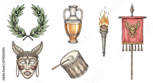 Ancient Roman cultural symbols and artifacts isolated on a white background