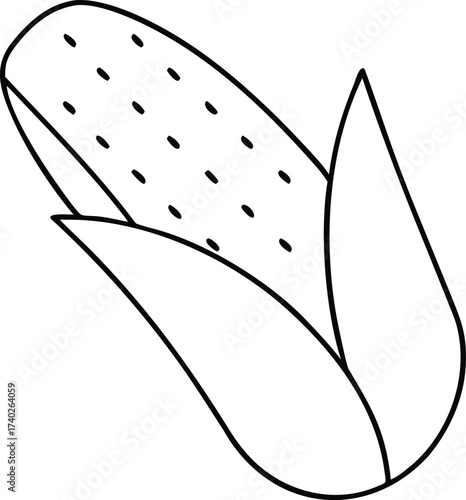 Vector art of a simple black and white line drawing of an ear of corn with husks