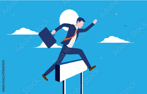 Overcome obstacle - Corporate businessman jumps over hurdle with suitcase in hand. Achieve goal, reach success and business challenge concept. Vector illustration.