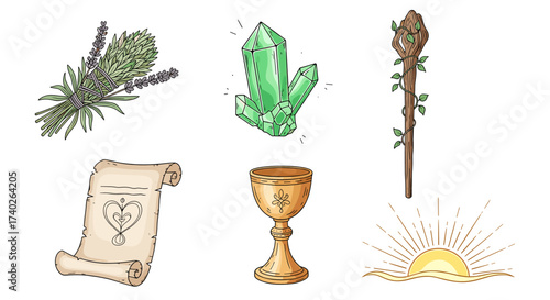 Magical elements with lavender, crystal, chalice, scroll, staff and sunrise