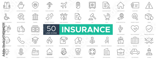Insurance editable stroke icons collection . Life, Car, House, Care, Money Insurance ,  healthcare, money and social insurance vector icons.