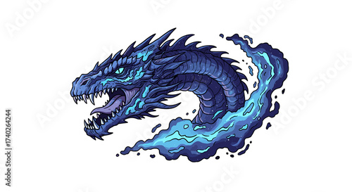 Ferocious blue water dragon with sharp teeth and piercing eyes