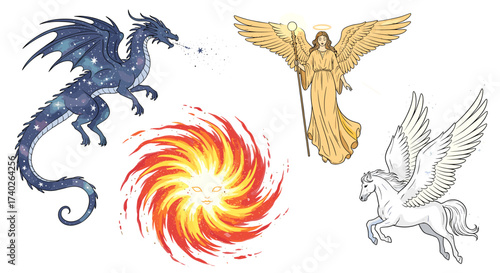 Mythical Creatures Artwork Featuring Dragon, Angel, Pegasus, and Solar Entity