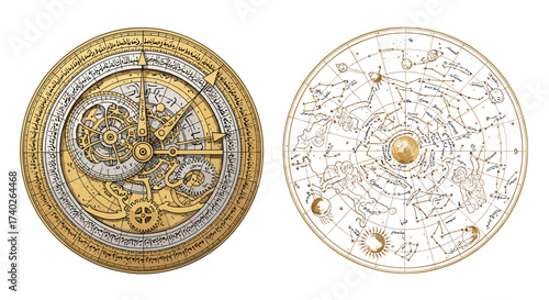 Intricate Celestial Navigation Devices with Arabic Inscriptions and Star Chart