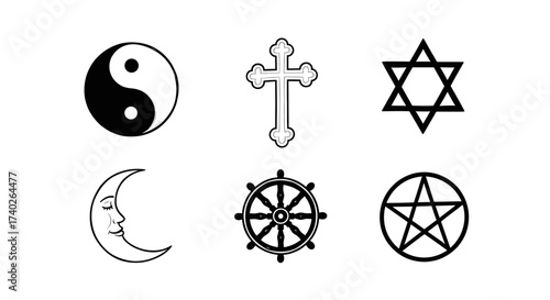 Diverse religious and spiritual symbols in black and white illustration