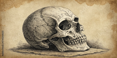 Anatomical drawing of a human skull in profile resting on a surface with a textured background art style