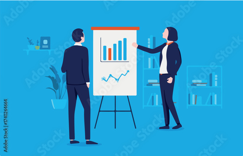 Business woman doing a presentation on flip board at work. Female leader holding lecture in office, teaching men, workshop and pitching concept. Vector illustration. 