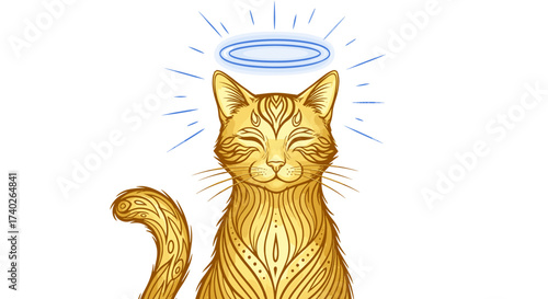 Angelic Golden Cat with Halo Graphic on White Background