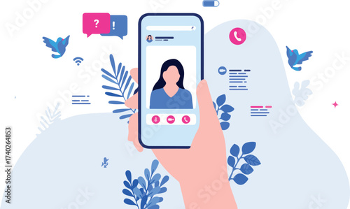 Video call - Hand holding phone with live stream of female colleague, conversation icons and elements in background. Converse through video, remote meeting and phone call concept. Vector illustration.