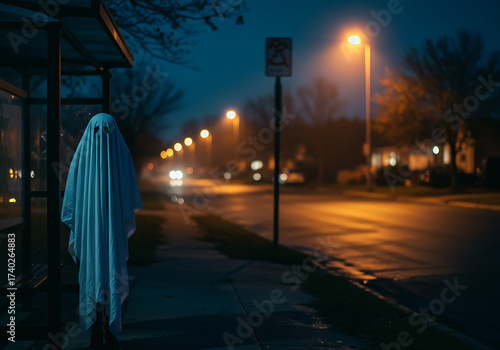 Halloween ghost costume at bus stop, halloween spooky street scene with wet pavement
