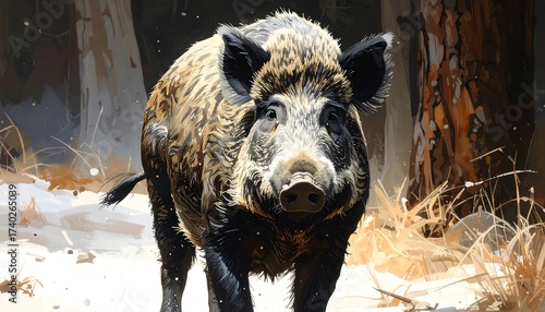 Illustration of a Wild Boar in a Snowy Forest Environment