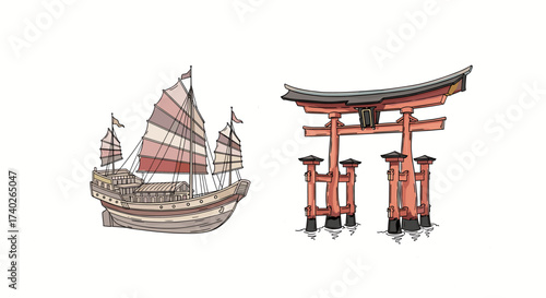 Iconic Asian symbols: Junk boat and Japanese torii gate art