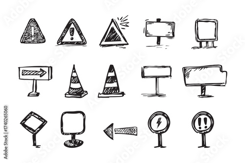 Attention or warning sign marks doodle illustrations in vector on isolated white background