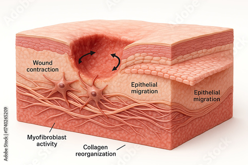 Diagram illustrating the biological processes involved in skin wound healing, including epithelial migration, wound contraction, myofibroblast activity, and collagen reorganization.