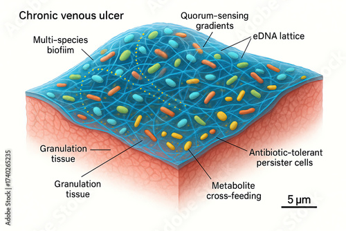 Microscopic view of a chronic venous ulcer showcasing a multi-species biofilm, extracellular DNA lattice, quorum-sensing gradients, and antibiotic-tolerant persister cells within granulation tissue.