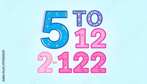 Illustration of numbers 5, 2-1, 12, and 22, colorful, for education purposes