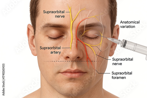 Anatomical illustration of the supraorbital nerve and artery, with a syringe indicating injection site.