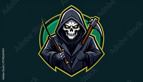 Illustration of Grim Reaper with Scythe and Hammer in Dark and Eerie Design