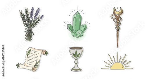 Magical Elements: Lavender, Crystal, Staff, Scroll, Cup, and Rising Sun