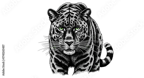 Striking black jaguar with piercing green eyes illustration on white