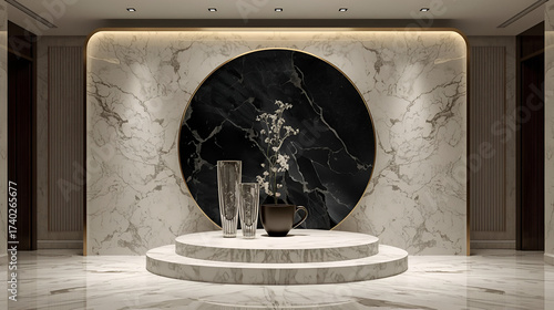 Elegant oval marble feature with sculptural vases on pedestals