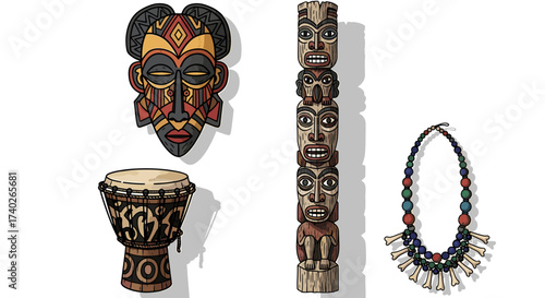 Vibrant Tribal Artifacts: Traditional Mask, Drum, Totem, and Bone Necklace