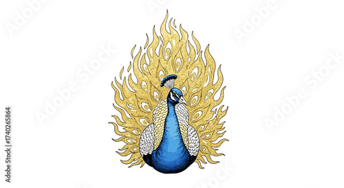 Majestic peacock with golden plumage displayed on a bright background.