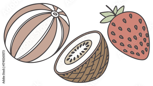 Assorted tropical fruits including kiwi, strawberry, and coconut