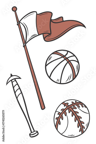 Assorted sports equipment including flag, basketball, and baseball bat