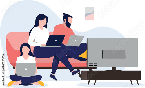 Family sitting in sofa online using computers , watching tv, while being online at home. Flat design vector illustration with white background